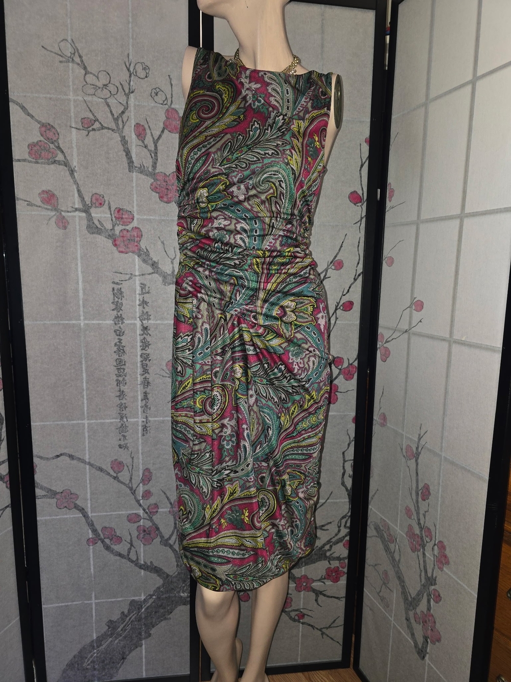 Etro Sleeveless Multi-Color Paisley Ruched Jersey Sheath Dress